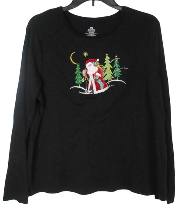 BCTC Tops - Santa Clause and Christmas Trees embroidered long sleeve Shirt